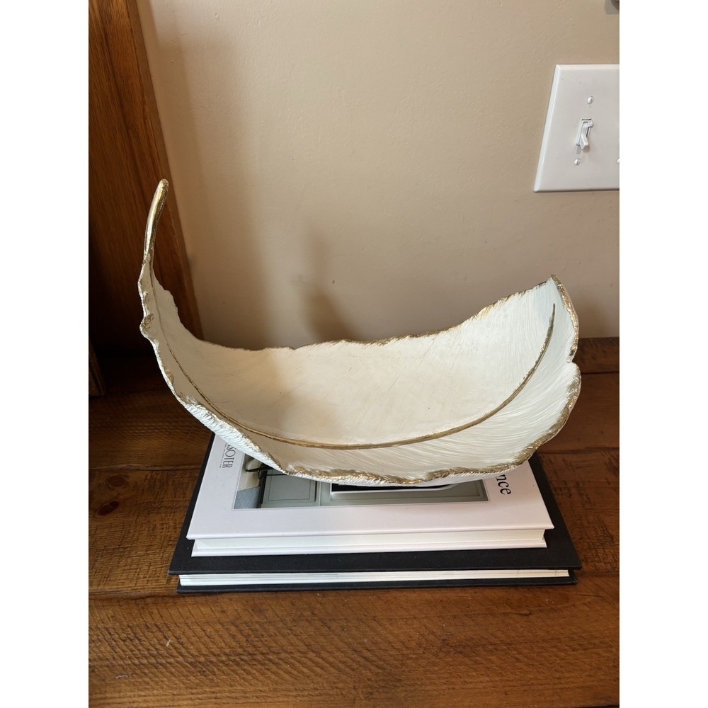 Cosmopolitan 13" Feather Bowl Canoe Centerpiece White W Gold Trim